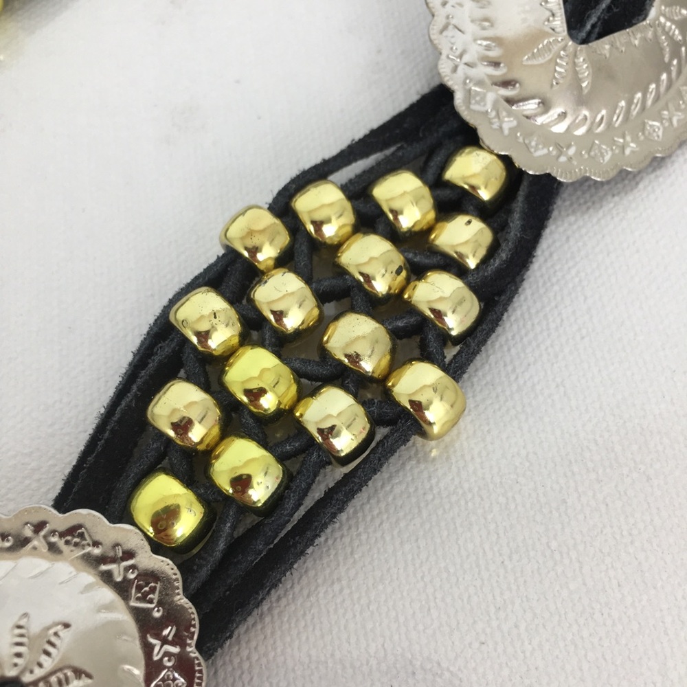 Vintage Boho Western Leather Concho Belt Black Silver Beaded Cowgirl - Picture 4 of 13